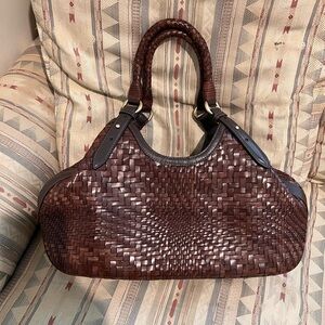 Cole Haan Woven Leather Satchel Handbag in Dark Brown